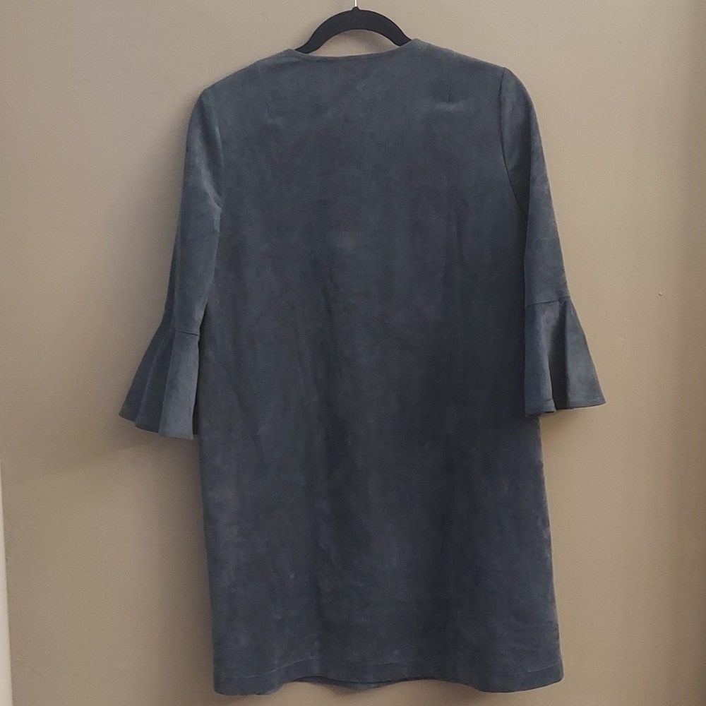 BCBGMAXARIA Catier Faux Suede Dusty Blue Mini Dress With Bell Sleeves XS Boho - Picture 12 of 13